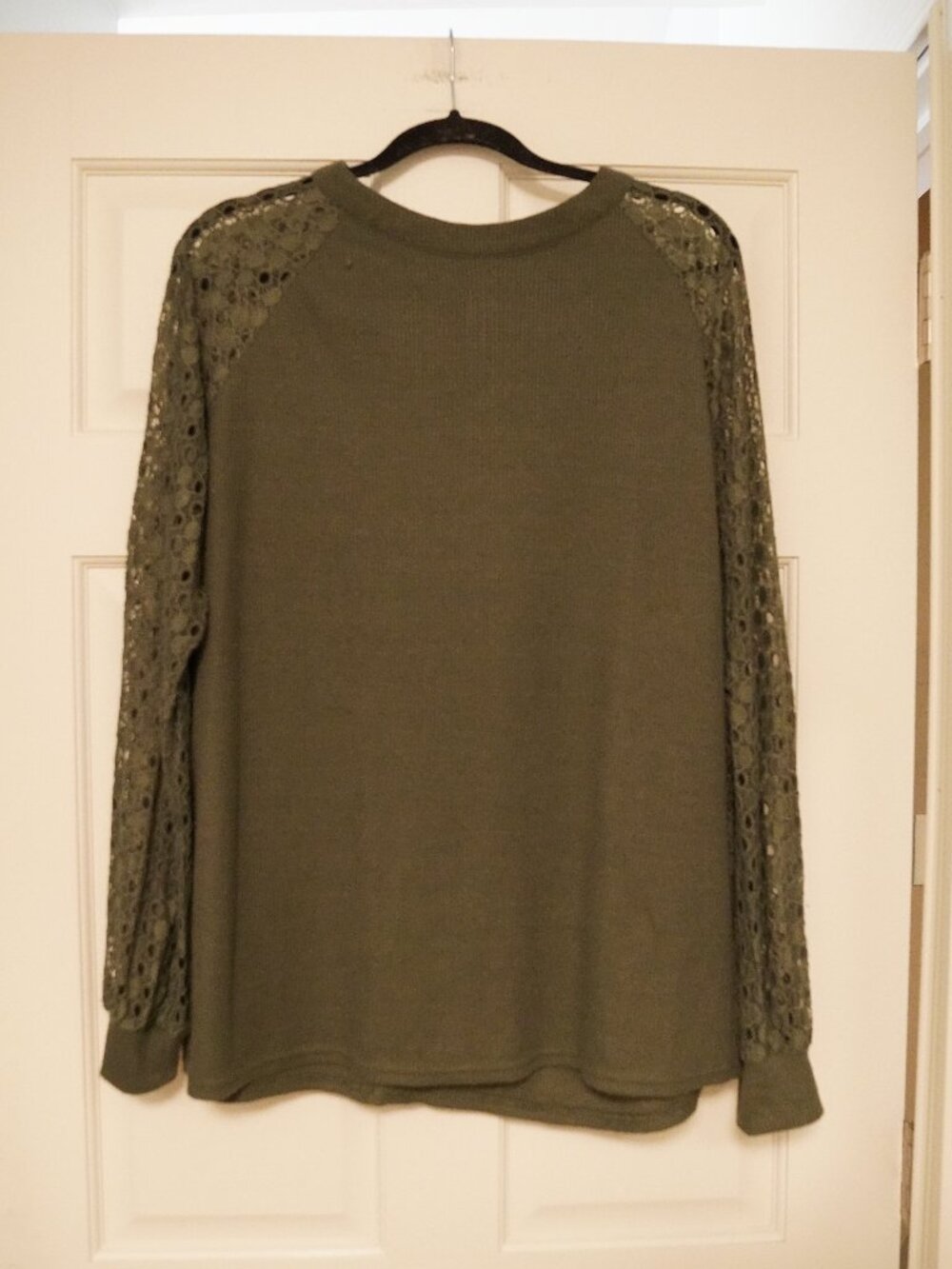 Miholl XL Olive Green Lace Sleeve Top Rib Knit Long Sleeve Casual